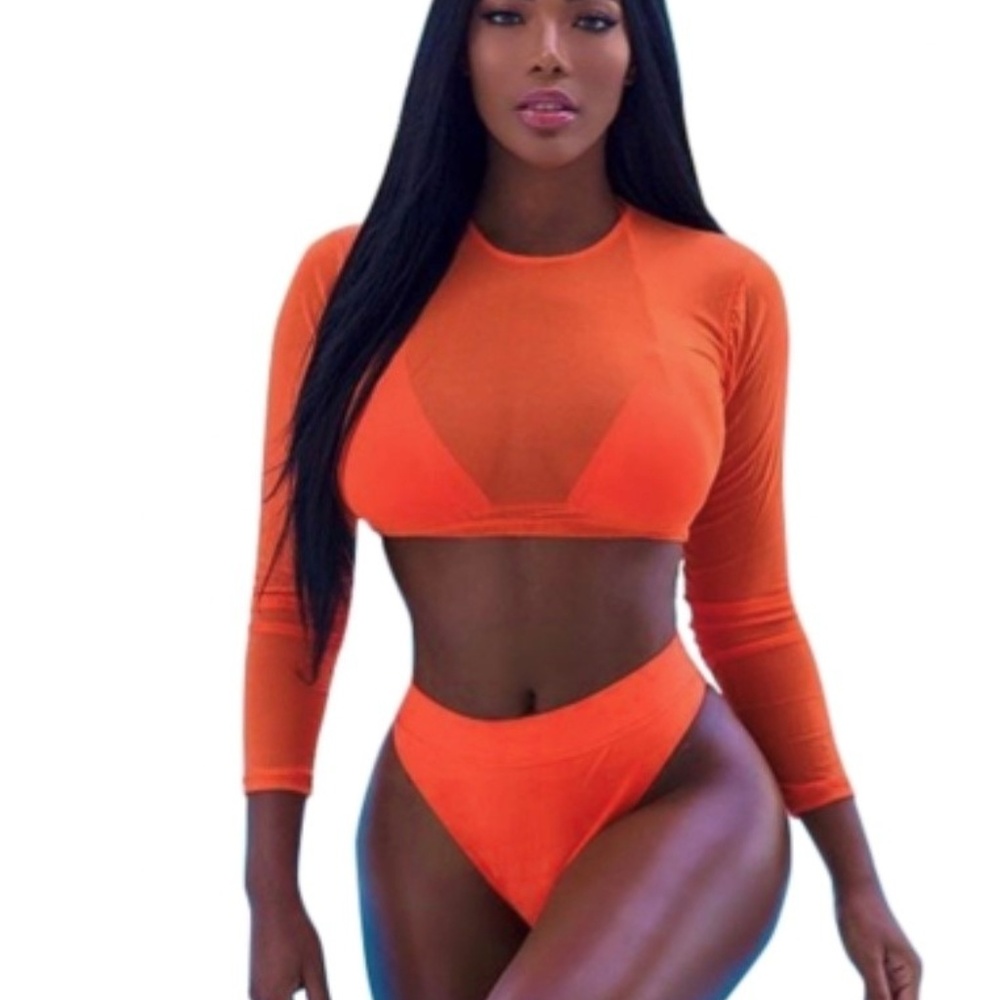 Sheer Mesh Bikini 3-piece - Orange